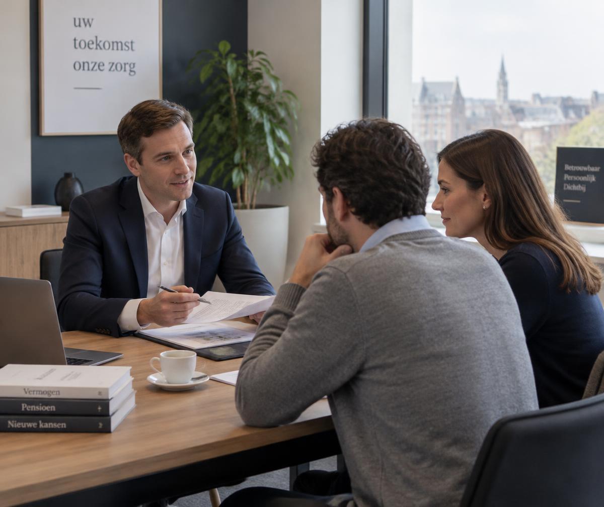 Adviseur in gesprek met een koppel aan tafel